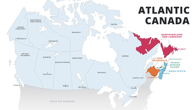 A map of the provinces that are part of Atlantic Canada 