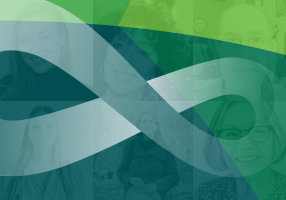 Shades of green with eternity symbol and portraits of six volunteers