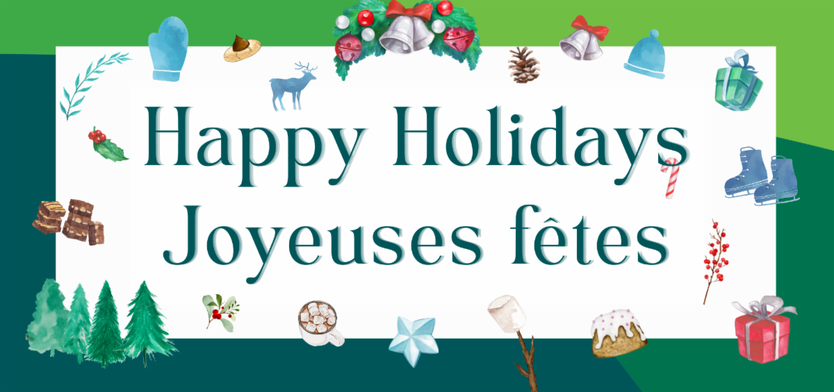 Happy Holidays greeting on a green background. There are small pictures of gifts, cookies, holly, and other seasonal items surrounding the words.