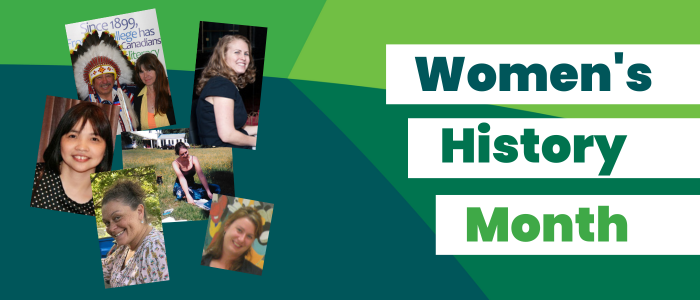 Pictures of seven women on a green background