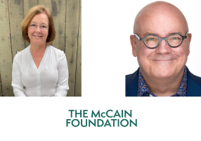 a headshot of a woman, the McCain Foundation logo, a headshot of a man with glasses