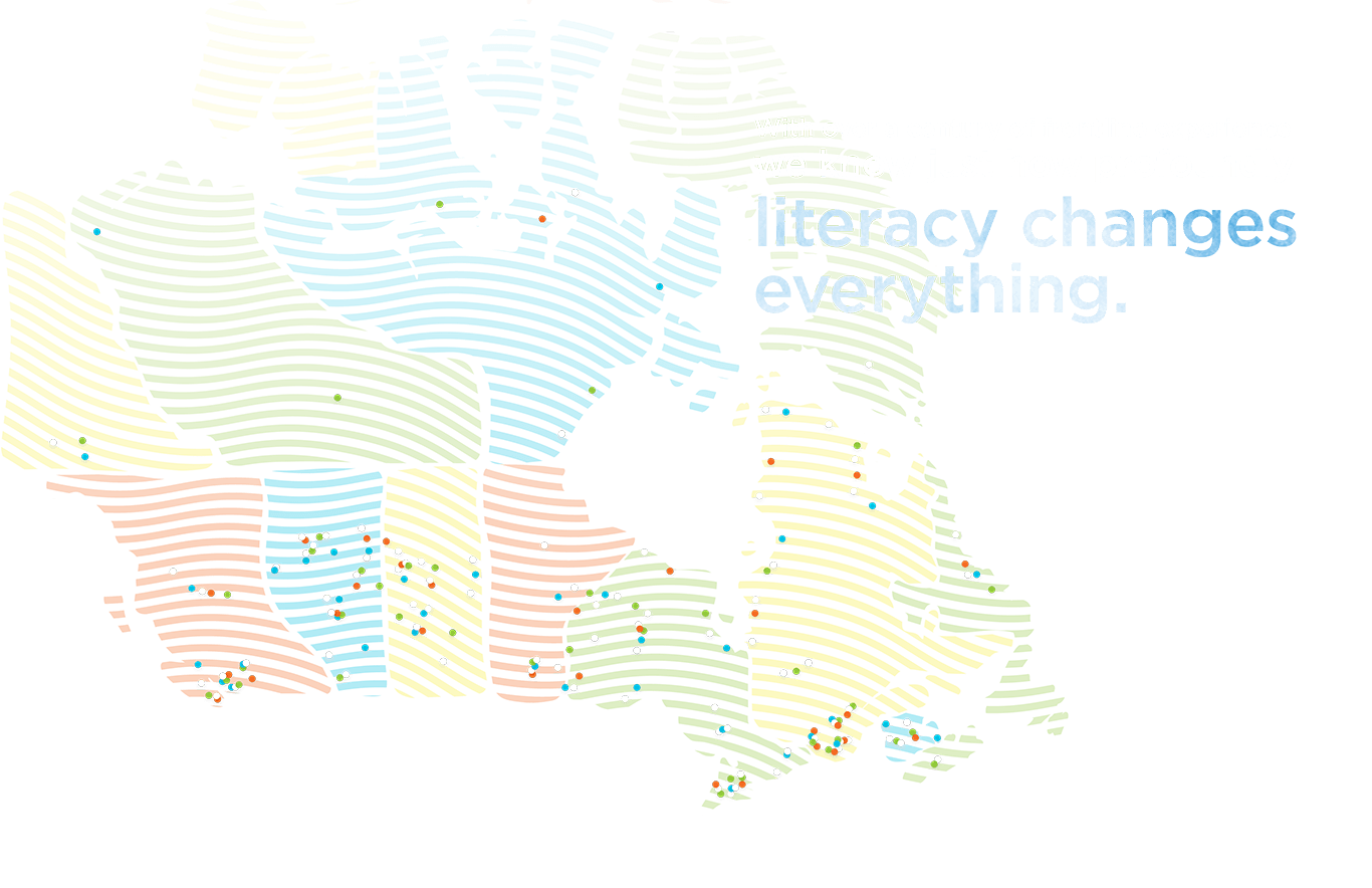 Map of Canada. Each province and territory is a different colour. There are dots showing everywhere United for Literacy has a program running.