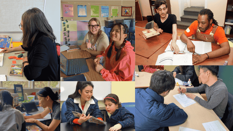 A mosaic of photos featuring volunteers interacting with children, youth, and adults, assisting them with homework and teaching various skills, showcasing the impact of volunteer support in literacy and learning.