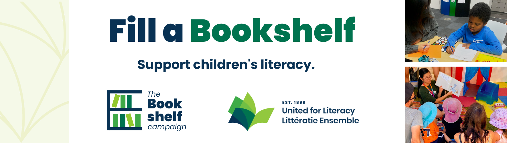 Logo of The Bookshelf Campaign alongside images of children being read to or receiving tutoring, with the text 'Support Children's Literacy' prominently displayed.