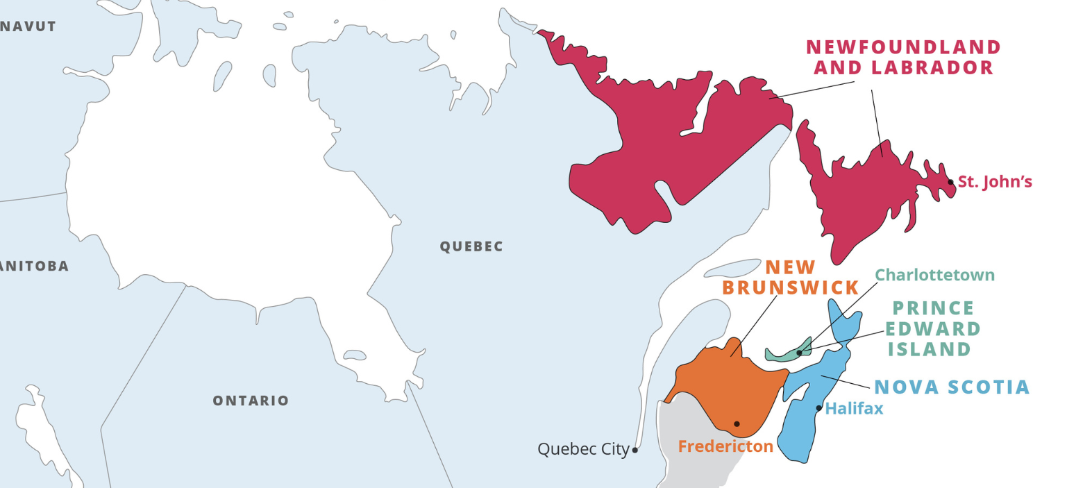 Map highlighting one of the Atlantic Canadian provinces—Newfoundland and Labrador, Prince Edward Island, Nova Scotia, or New Brunswick—showing its geographic location and borders.
