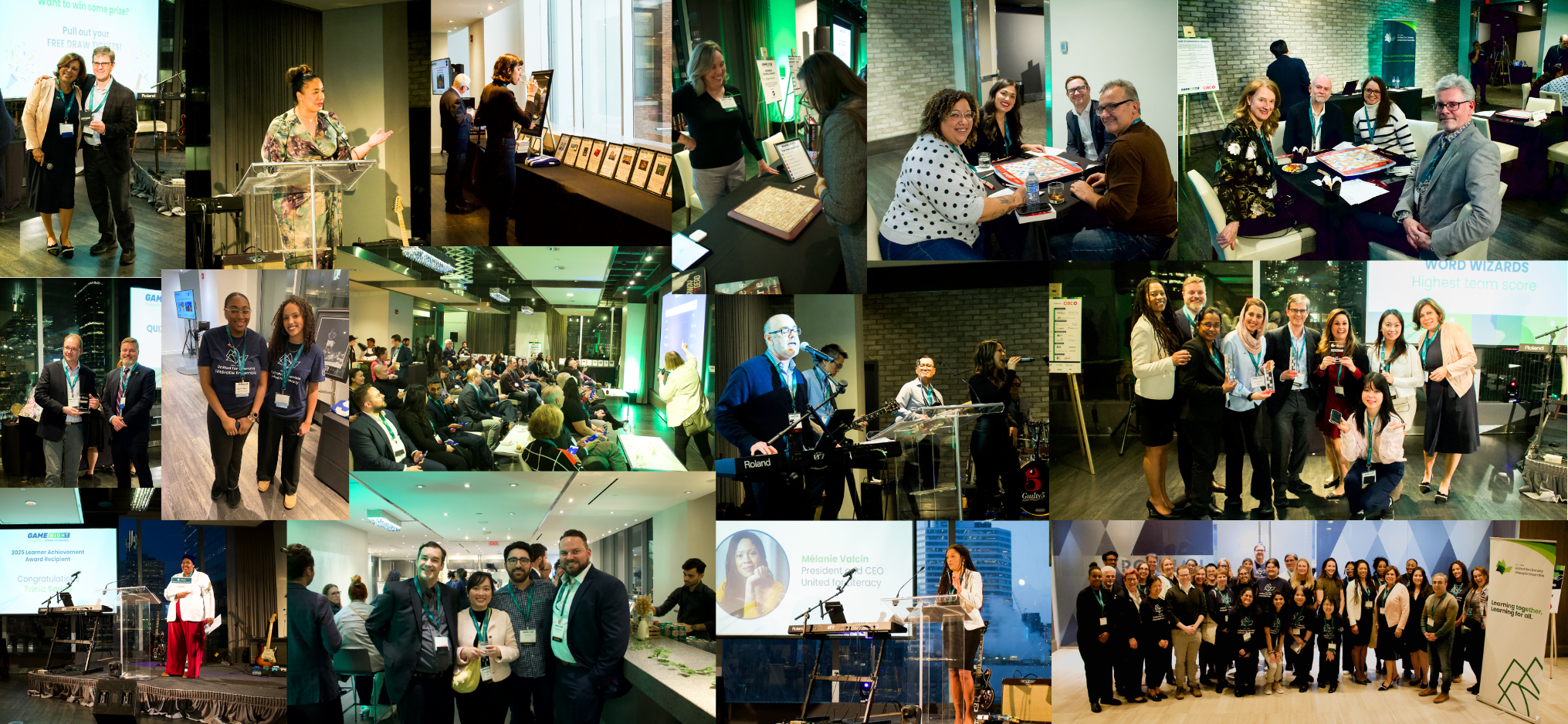 A collage of event photos showcasing volunteers, staff members, sponsors, and supporters engaging in games like Taboo and Scrabble, as well as socializing.