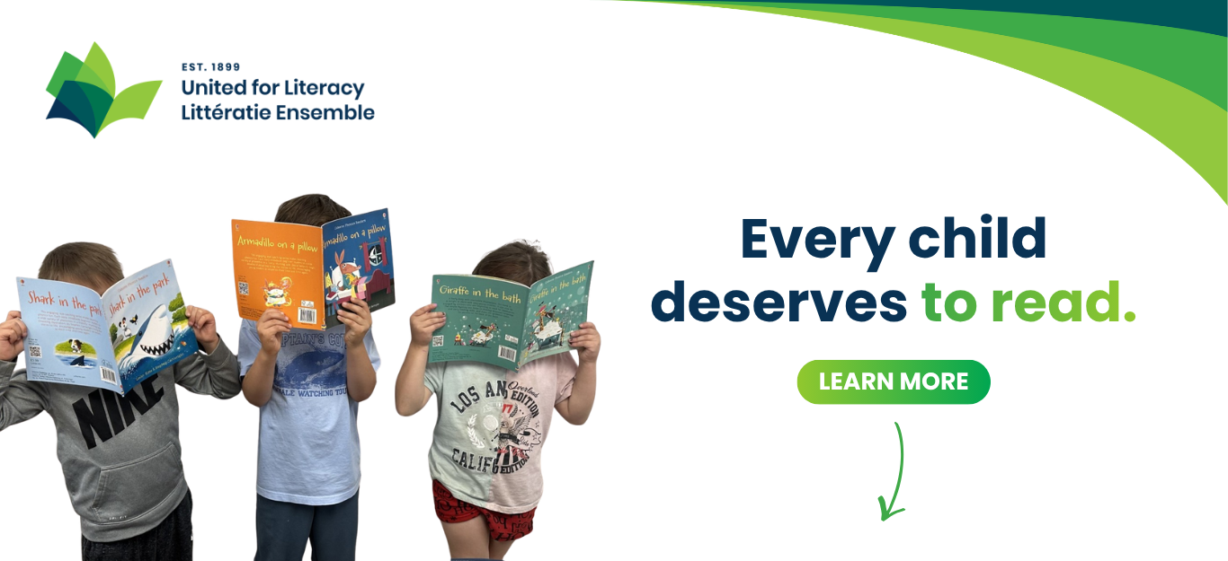three children holding up books with a text on the right that says: Every child deserves to read. Learn more and an arrow pointing to the text below