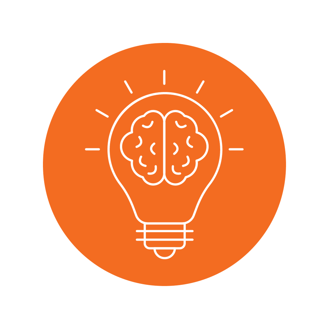 Orange circle with a white brain and lightbulb image suggesting a though